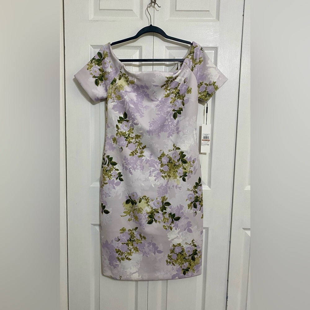 Calvin Klein Floral Print Off  Shoulder Scuba Dress, Lilac And Green, Size12 NWT